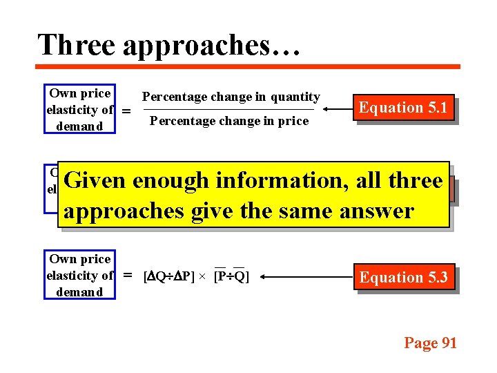 Three approaches… Own price elasticity of demand = Percentage change in quantity Percentage change