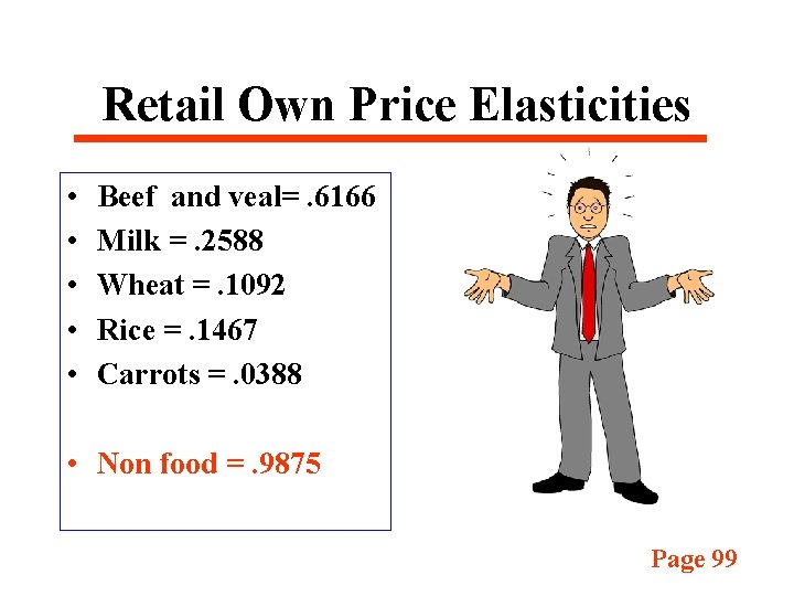 Retail Own Price Elasticities • • • Beef and veal=. 6166 Milk =. 2588