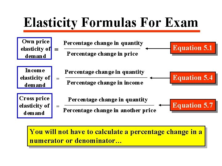 Elasticity Formulas For Exam Own price elasticity of demand Income elasticity of demand Cross