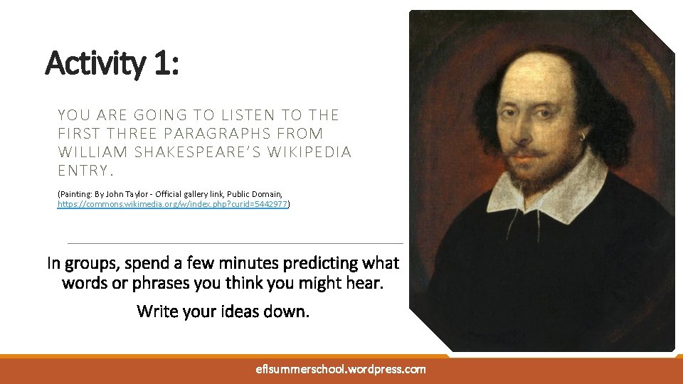 Activity 1: YOU ARE GOING TO LISTEN TO THE FIRST THREE PARAGRAPHS FROM WILLIAM Activity 1: YOU ARE GOING TO LISTEN TO THE FIRST THREE PARAGRAPHS FROM WILLIAM