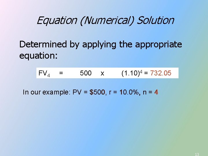 Equation (Numerical) Solution Determined by applying the appropriate equation: FV 4 n = PV Equation (Numerical) Solution Determined by applying the appropriate equation: FV 4 n = PV