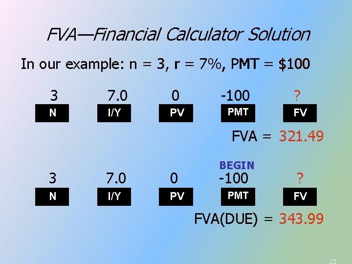 FVA—Financial Calculator Solution In our example: n = 3, r = 7%, PMT = FVA—Financial Calculator Solution In our example: n = 3, r = 7%, PMT =