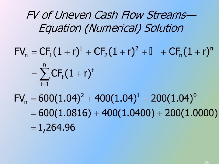FV of Uneven Cash Flow Streams— Equation (Numerical) Solution 25 FV of Uneven Cash Flow Streams— Equation (Numerical) Solution 25