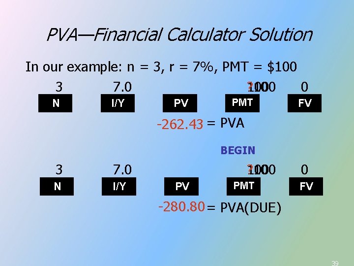 PVA—Financial Calculator Solution In our example: n = 3, r = 7%, PMT = PVA—Financial Calculator Solution In our example: n = 3, r = 7%, PMT =