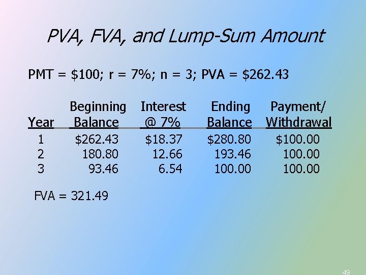 PVA, FVA, and Lump-Sum Amount PMT = $100; r = 7%; n = 3; PVA, FVA, and Lump-Sum Amount PMT = $100; r = 7%; n = 3;