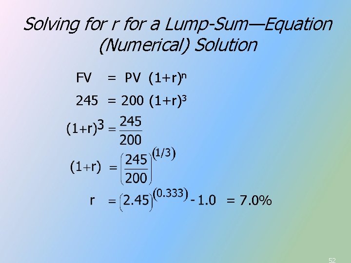 Solving for r for a Lump-Sum—Equation (Numerical) Solution FV = PV (1+r)n 245 = Solving for r for a Lump-Sum—Equation (Numerical) Solution FV = PV (1+r)n 245 =