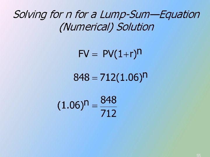 Solving for n for a Lump-Sum—Equation (Numerical) Solution 55 Solving for n for a Lump-Sum—Equation (Numerical) Solution 55