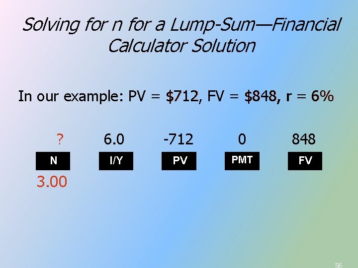 Solving for n for a Lump-Sum—Financial Calculator Solution In our example: PV = $712, Solving for n for a Lump-Sum—Financial Calculator Solution In our example: PV = $712,