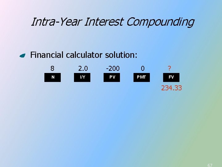 Intra-Year Interest Compounding Financial calculator solution: 8 2. 0 -200 0 N I/Y PV Intra-Year Interest Compounding Financial calculator solution: 8 2. 0 -200 0 N I/Y PV