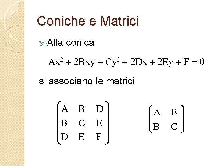 Coniche e Matrici Alla conica Ax 2 + 2 Bxy + Cy 2 +