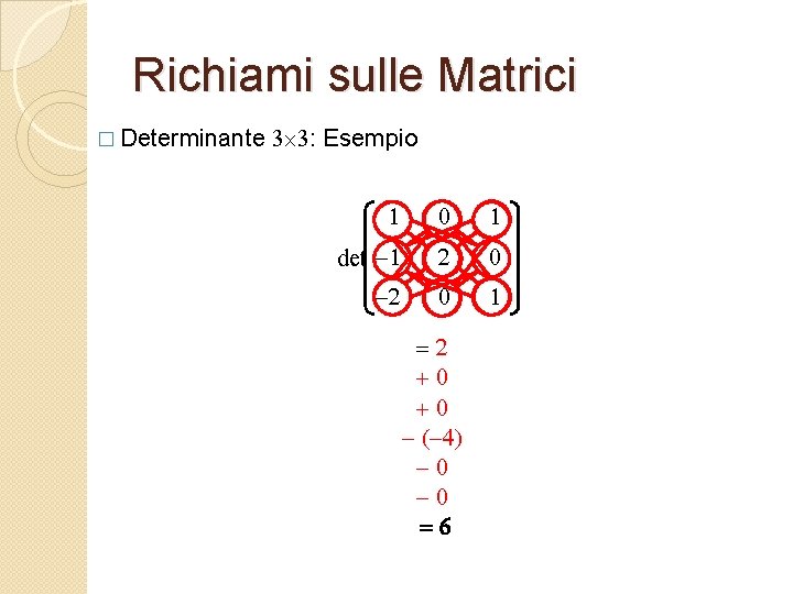 Richiami sulle Matrici � Determinante 3 3: Esempio 1 0 1 -1 2 0