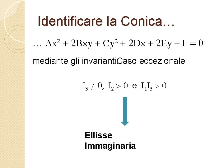 Identificare la Conica… … Ax 2 + 2 Bxy + Cy 2 + 2