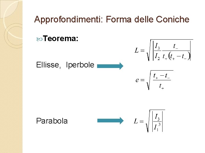 Approfondimenti: Forma delle Coniche Teorema: Ellisse, Iperbole Parabola 