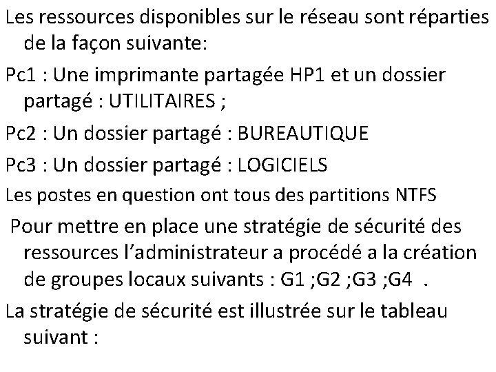 Les ressources disponibles sur le réseau sont réparties de la façon suivante: Pc 1
