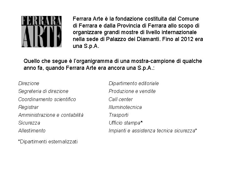 Ferrara Arte è la fondazione costituita dal Comune di Ferrara e dalla Provincia di Ferrara Arte è la fondazione costituita dal Comune di Ferrara e dalla Provincia di