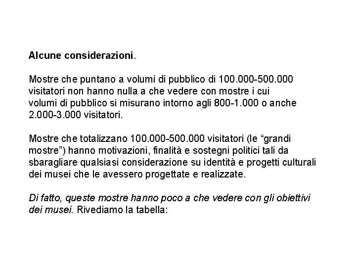 Alcune considerazioni. Mostre che puntano a volumi di pubblico di 100. 000 -500. 000