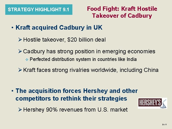 STRATEGY HIGHLIGHT 9. 1 Food Fight: Kraft Hostile Takeover of Cadbury • Kraft acquired STRATEGY HIGHLIGHT 9. 1 Food Fight: Kraft Hostile Takeover of Cadbury • Kraft acquired