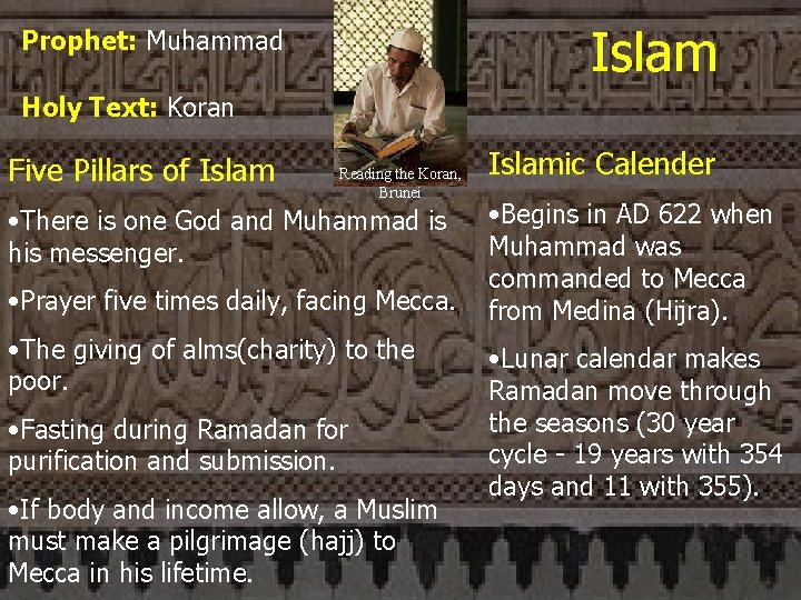 Islam Prophet: Muhammad Holy Text: Koran Five Pillars of Islam Reading the Koran, Brunei Islam Prophet: Muhammad Holy Text: Koran Five Pillars of Islam Reading the Koran, Brunei