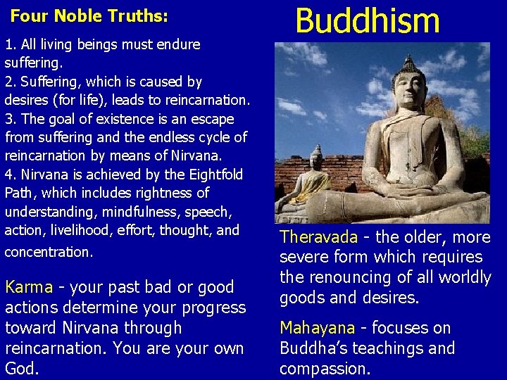 Four Noble Truths: 1. All living beings must endure suffering. 2. Suffering, which is Four Noble Truths: 1. All living beings must endure suffering. 2. Suffering, which is