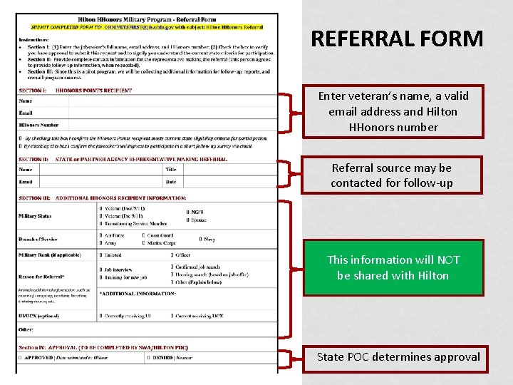 REFERRAL FORM Enter veteran’s name, a valid email address and Hilton HHonors number Referral