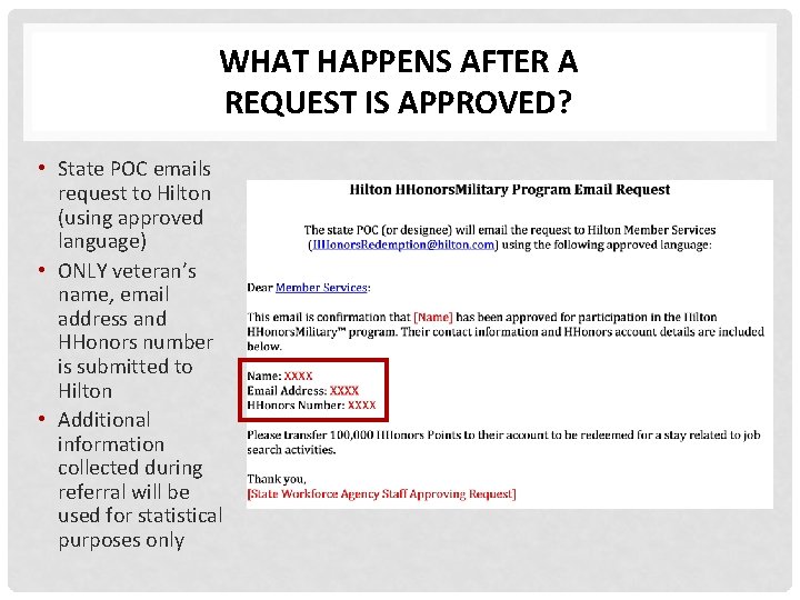 WHAT HAPPENS AFTER A REQUEST IS APPROVED? • State POC emails request to Hilton