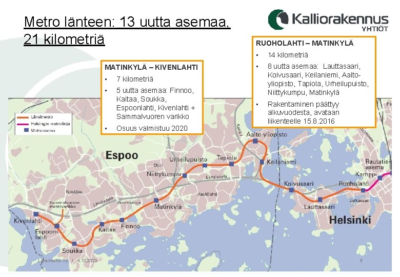 Metro länteen: 13 uutta asemaa, 21 kilometriä MATINKYLÄ – KIVENLAHTI • 7 kilometriä •