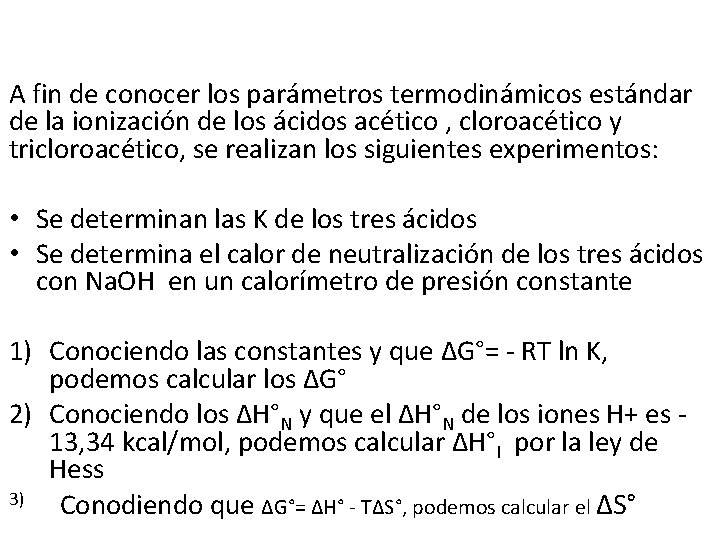 A fin de conocer los parámetros termodinámicos estándar de la ionización de los ácidos