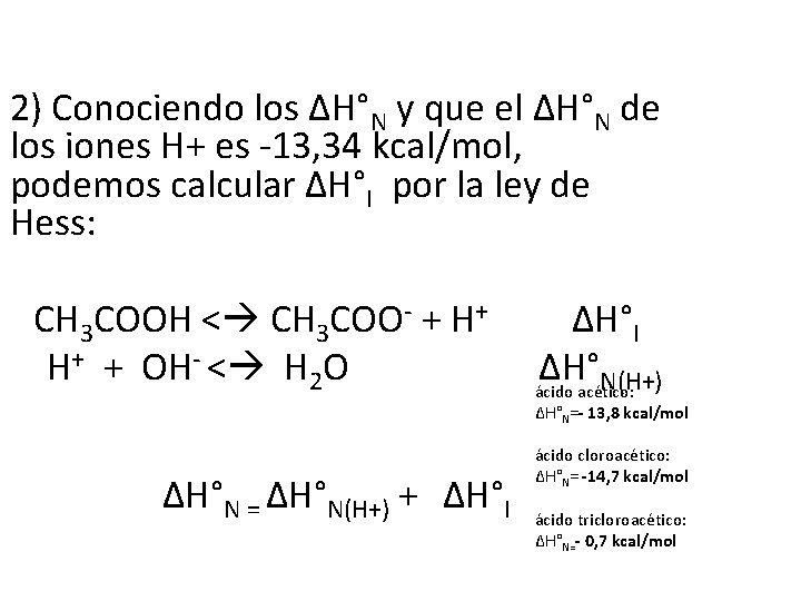 2) Conociendo los ∆H°N y que el ∆H°N de los iones H+ es -13,
