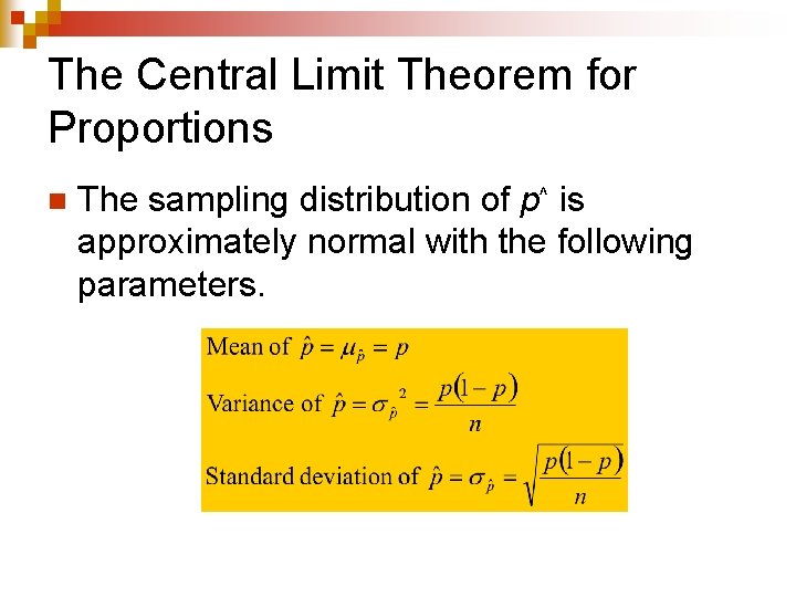 The Central Limit Theorem for Proportions n The sampling distribution of p^ is approximately