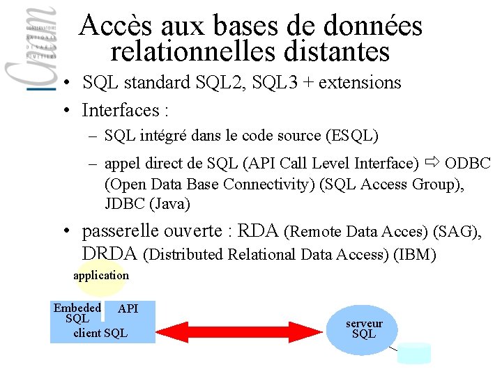 Accès aux bases de données relationnelles distantes • SQL standard SQL 2, SQL 3