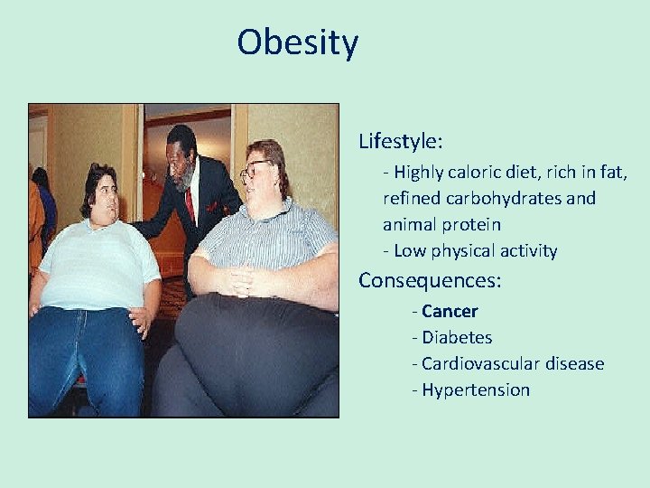 Obesity Lifestyle: - Highly caloric diet, rich in fat, refined carbohydrates and animal protein