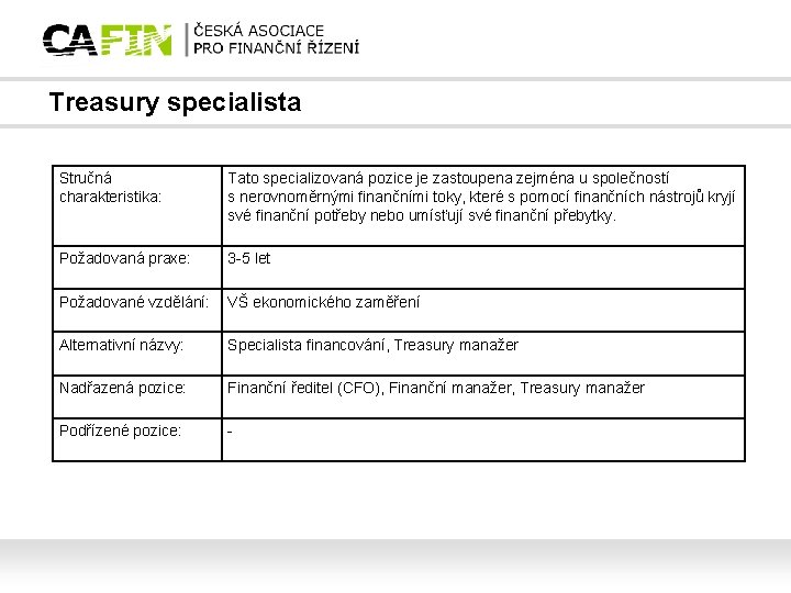 Treasury specialista Stručná charakteristika: Tato specializovaná pozice je zastoupena zejména u společností s nerovnoměrnými
