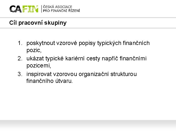 Cíl pracovní skupiny 1. poskytnout vzorové popisy typických finančních pozic, 2. ukázat typické kariérní