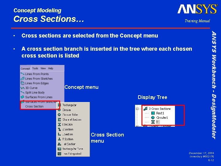 Concept Modeling Cross Sections… Training Manual Cross sections are selected from the Concept menu