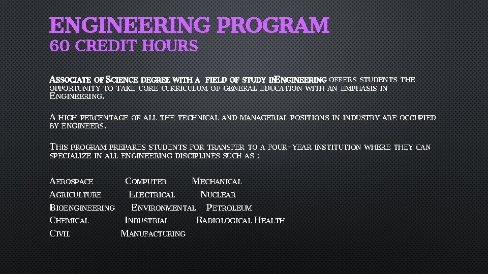 ENGINEERING PROGRAM 60 CREDIT HOURS ASSOCIATE OF SCIENCE DEGREE WITH A FIELD OF STUDY