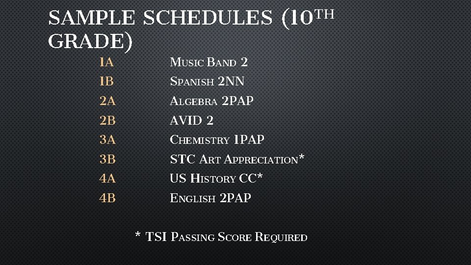 SAMPLE SCHEDULES (10 TH GRADE) 1 A MUSIC BAND 2 1 B SPANISH 2