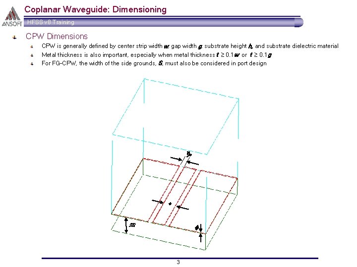 Coplanar Waveguide: Dimensioning HFSS v 8 Training CPW Dimensions CPW is generally defined by