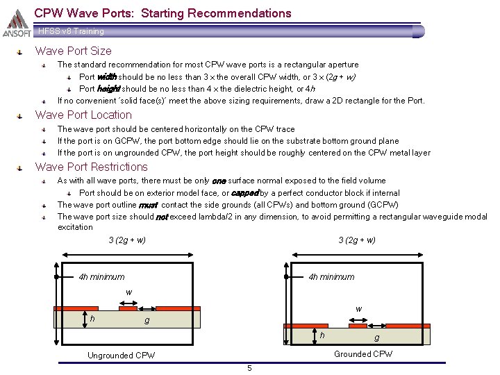 CPW Wave Ports: Starting Recommendations HFSS v 8 Training Wave Port Size The standard