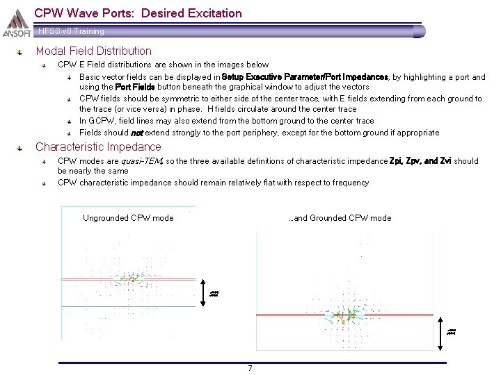 CPW Wave Ports: Desired Excitation HFSS v 8 Training Modal Field Distribution CPW E