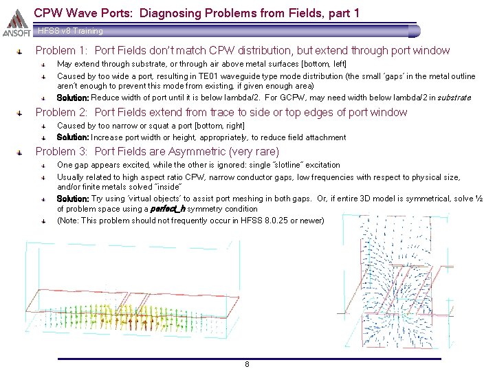 CPW Wave Ports: Diagnosing Problems from Fields, part 1 HFSS v 8 Training Problem