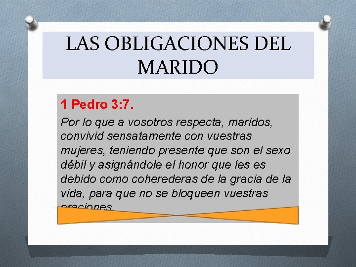 LAS OBLIGACIONES DEL MARIDO 1 Pedro 3: 7. Por lo que a vosotros respecta,