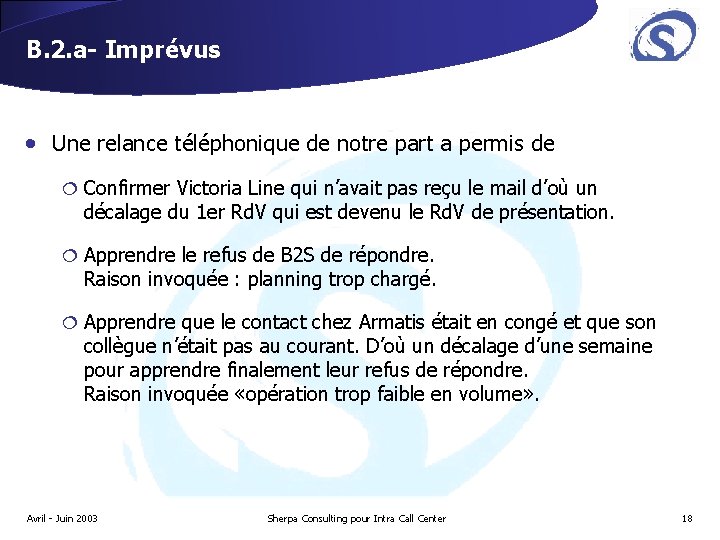 B. 2. a- Imprévus • Une relance téléphonique de notre part a permis de B. 2. a- Imprévus • Une relance téléphonique de notre part a permis de