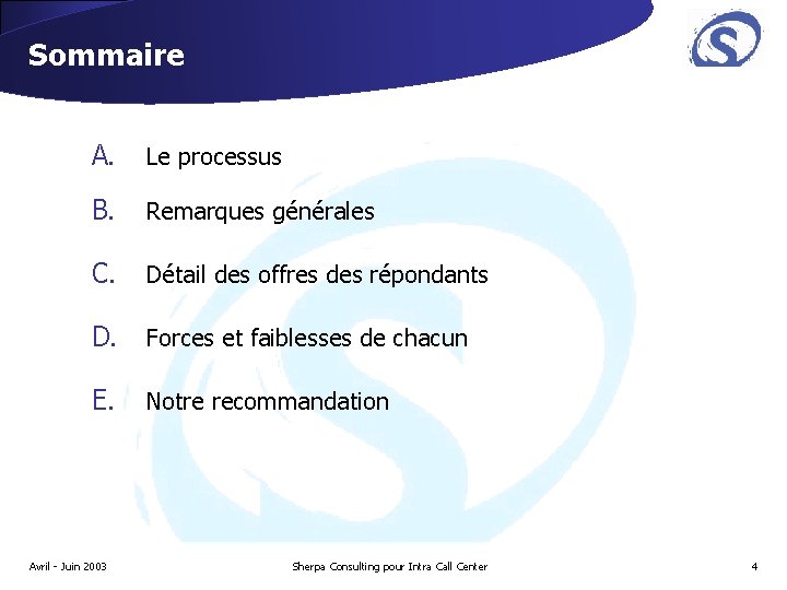 Sommaire A. Le processus B. Remarques générales C. Détail des offres des répondants D. Sommaire A. Le processus B. Remarques générales C. Détail des offres des répondants D.