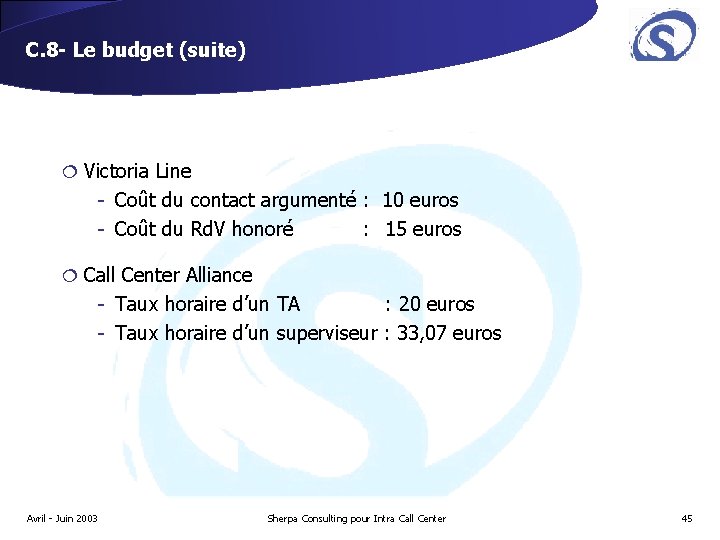 C. 8 - Le budget (suite) ¦ Victoria Line - Coût du contact argumenté C. 8 - Le budget (suite) ¦ Victoria Line - Coût du contact argumenté