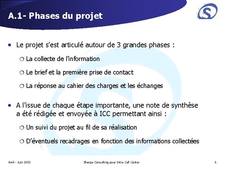 A. 1 - Phases du projet • Le projet s’est articulé autour de 3 A. 1 - Phases du projet • Le projet s’est articulé autour de 3