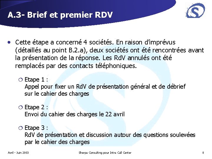 A. 3 - Brief et premier RDV • Cette étape a concerné 4 sociétés. A. 3 - Brief et premier RDV • Cette étape a concerné 4 sociétés.