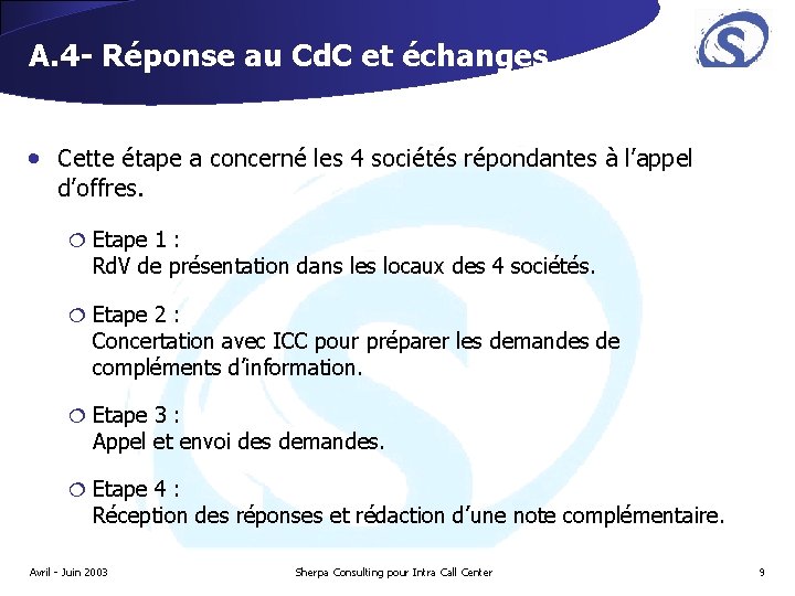 A. 4 - Réponse au Cd. C et échanges • Cette étape a concerné A. 4 - Réponse au Cd. C et échanges • Cette étape a concerné