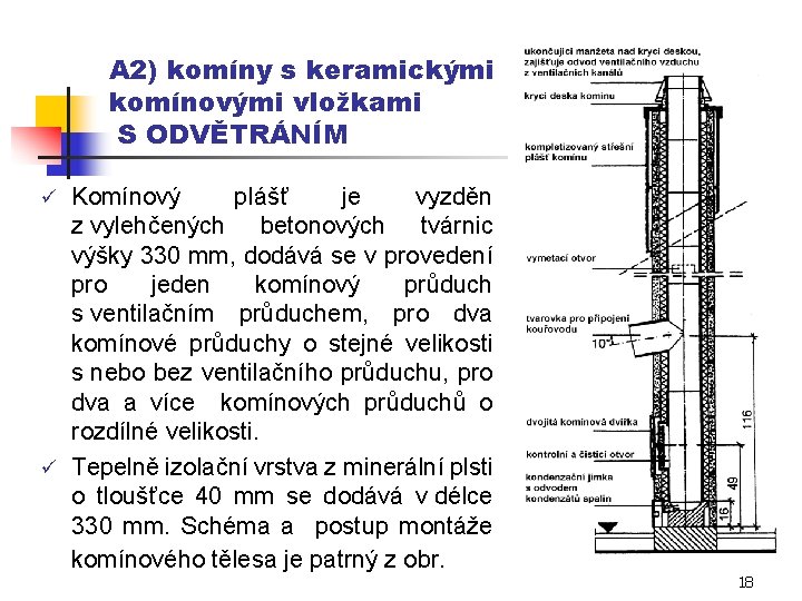 A 2) komíny s keramickými komínovými vložkami S ODVĚTRÁNÍM Komínový plášť je vyzděn z