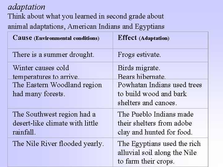 adaptation Think about what you learned in second grade about animal adaptations, American Indians adaptation Think about what you learned in second grade about animal adaptations, American Indians
