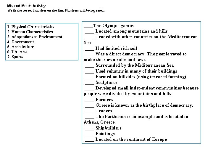 Mix and Match Activity Write the correct number on the line. Numbers will be Mix and Match Activity Write the correct number on the line. Numbers will be